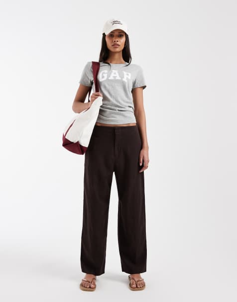 GAP co-ord straight cropped linen mix trouser in chocolate brown