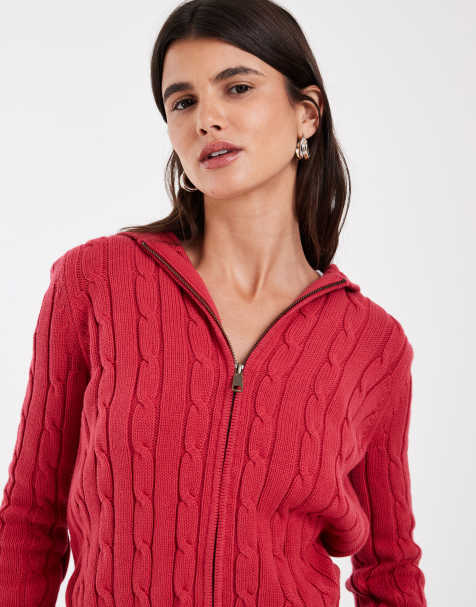 GAP cotton cable knit zip through hoodie in red - view 1
