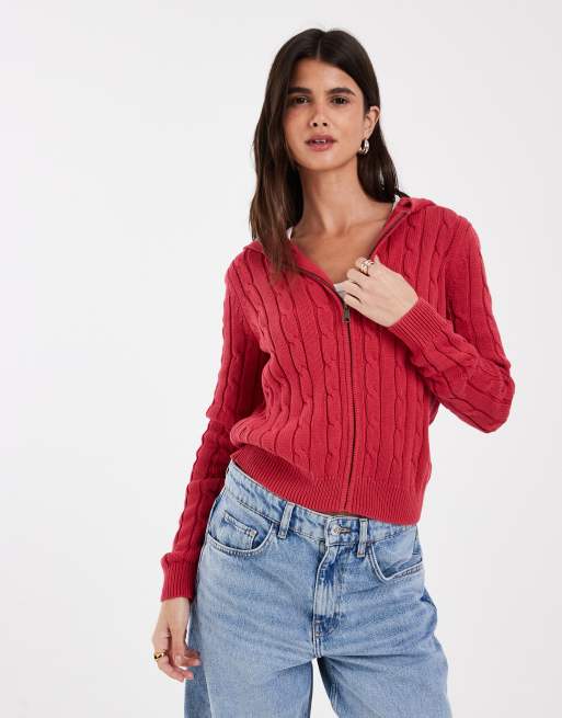 GAP cotton cable knit zip through hoodie in red , 2 of 4