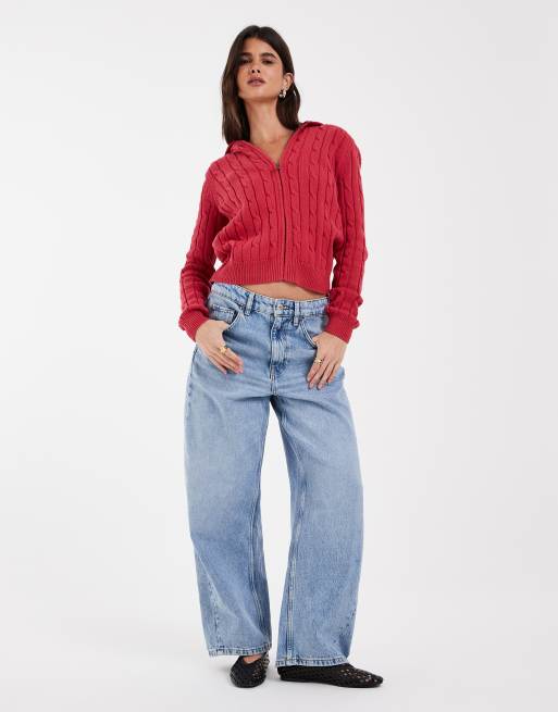 GAP cotton cable knit zip through hoodie in red , 4 of 4