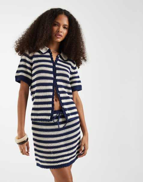 GAP cotton crochet cropped shirt and mini skirt co-ord in blue stripe - view 1