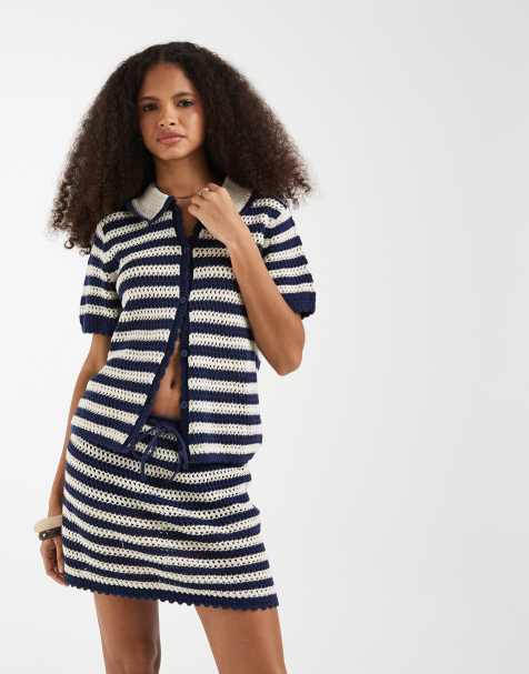 GAP cotton crochet cropped shirt in blue stripe - view 1