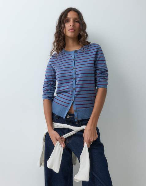GAP crew neck cardigan in blue stripe - view 1