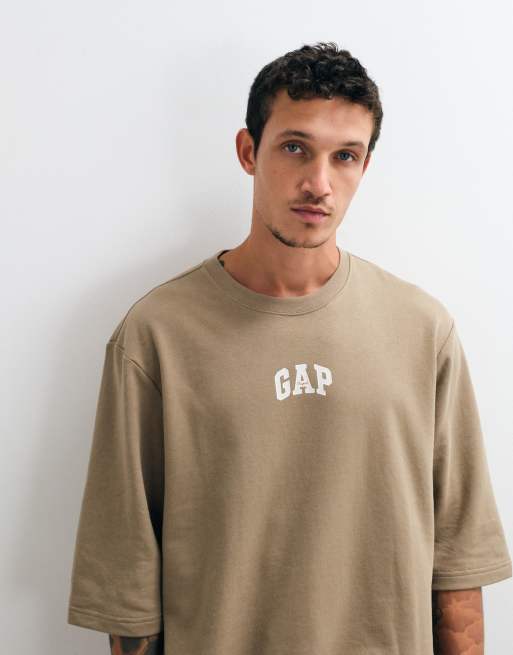 GAP crew neck short sleeved logo sweat top in beige, 3 of 5