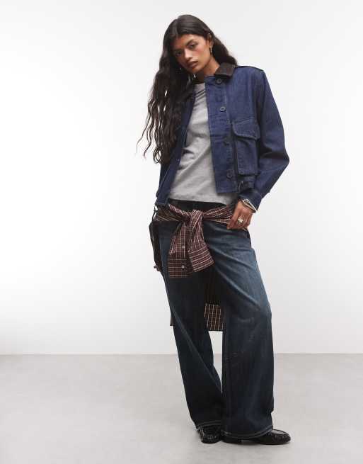 GAP denim cropped utility jacket in dark wash blue, 2 of 4