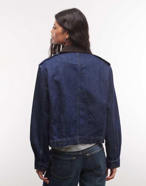 GAP denim cropped utility jacket in dark wash blue, 3 of 4