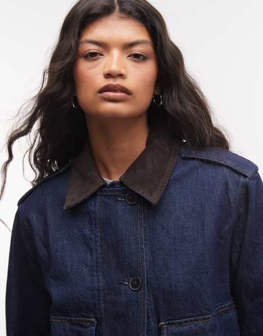 GAP denim cropped utility jacket in dark wash blue, 4 of 4