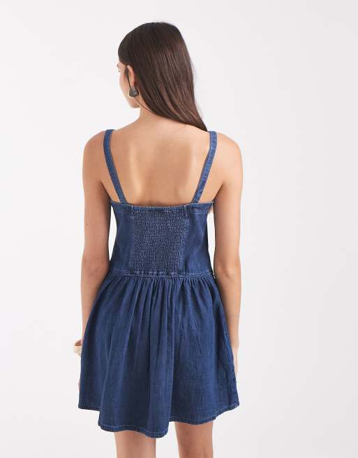 GAP drop waist shirred mini dress in dark indigo, 3 of 4