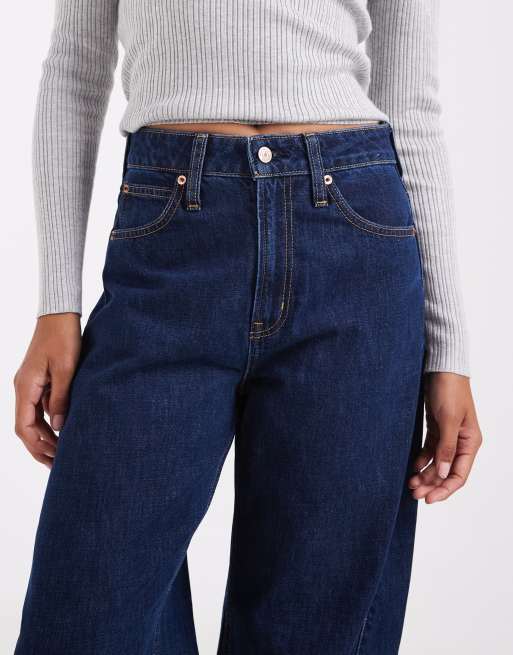 GAP high rise barrel leg jeans in dark wash blue , 4 of 5