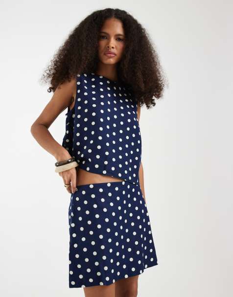 GAP linen blend cropped top and mini skirt co-ord in navy polka dot - view 1