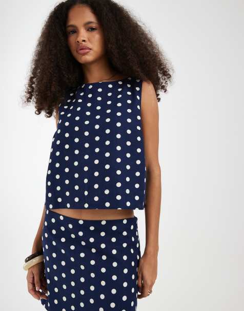 GAP linen blend cropped top in navy polka dot - view 1