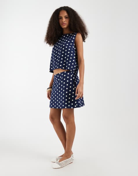 GAP linen blend mini skirt in navy polka dot 