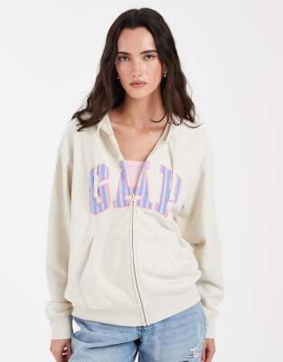 Gap Logo Cropped Zip Through Hoodie In Neutral