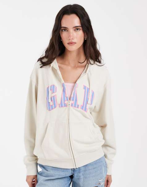 GAP logo cropped zip through hoodie in beige - view 1