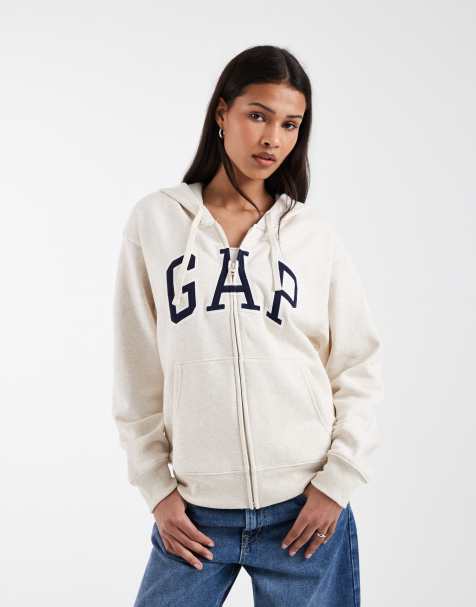 GAP logo zip through hoodie in beige melange - view 1