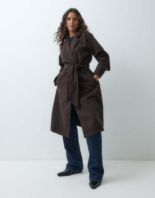 GAP Long line belted wrap top coat in brown, 3 of 5