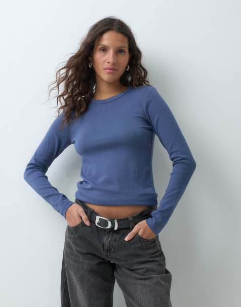 GAP long sleeve close crew neck top in blue
