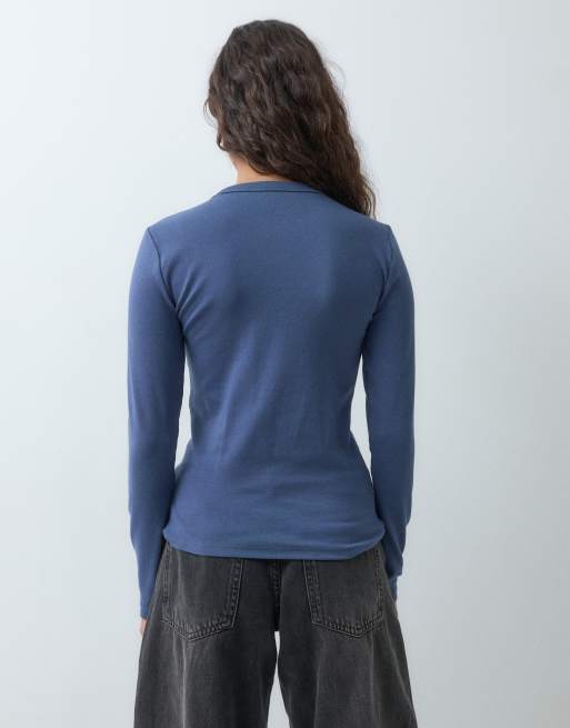 GAP long sleeve close knit crew neck top in blue, 4 of 5