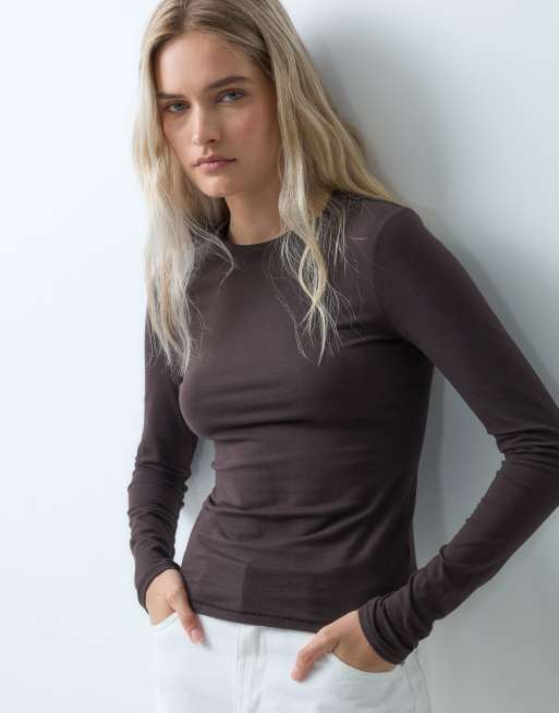GAP long sleeve close knit top in chocolate, 3 of 4