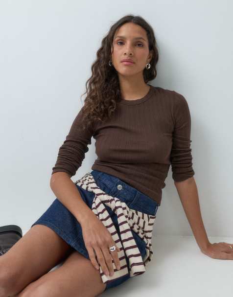 GAP long sleeve essential ribbed top in brown - view 1