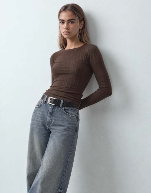 GAP long sleeve essential ribbed top in brown, 8 of 10