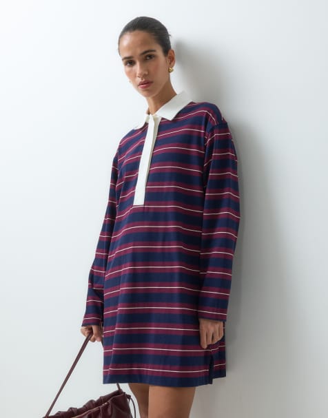 GAP long sleeve rugby dress in burgundy stripe