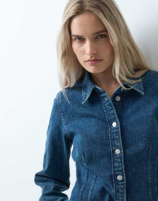GAP longline cinched shirt in dark wash blue, 2 of 4