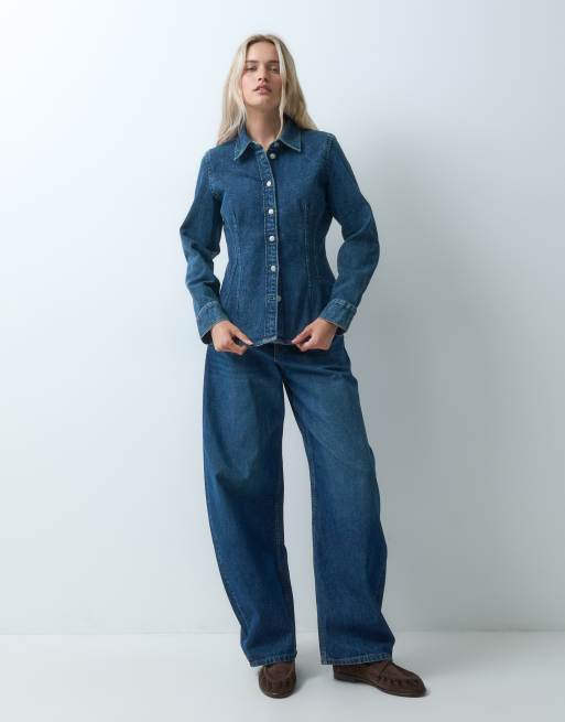 GAP longline cinched shirt in dark wash blue, 3 of 4