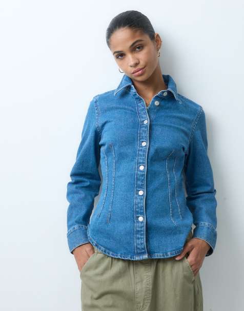 GAP longline cinched shirt in mid wash blue - view 1