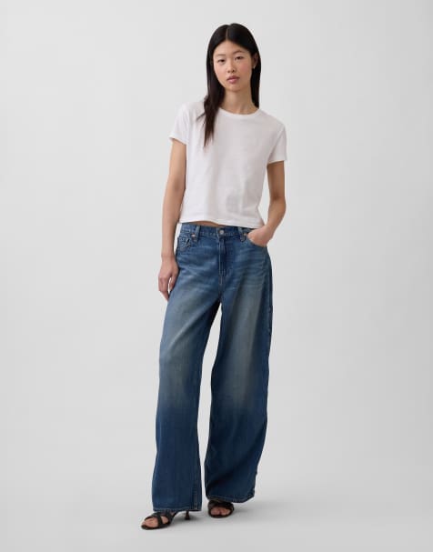 GAP mid rise relaxed fit baggy jeans with silver hardware detailing in mid blue - view 1