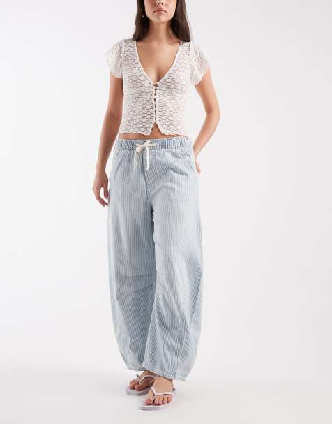 GAP mid rise tie waist horseshoe pinstripe jeans in mid blue