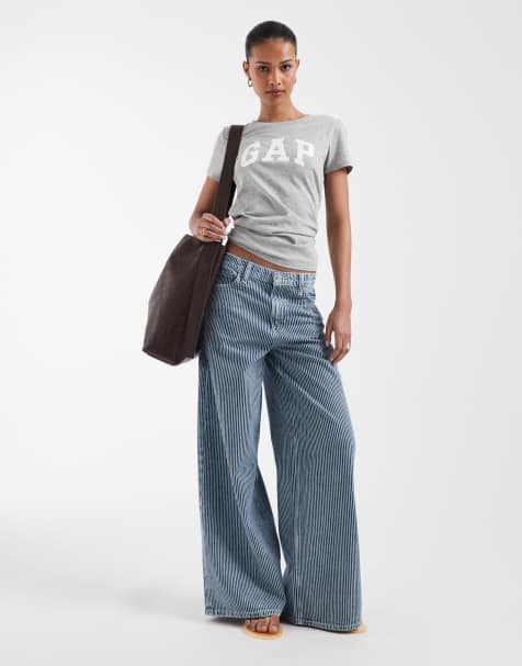 GAP mid rise wide leg jeans in blue pinstripe - view 1