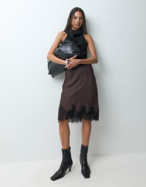 GAP midi skirt with lace hem in dark chocolate - view 1