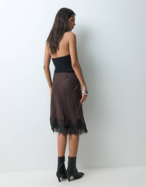 GAP midi skirt with lace hem in dark chocolate, 3 of 5