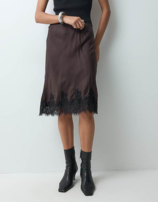 GAP midi skirt with lace hem in dark chocolate, 4 of 5