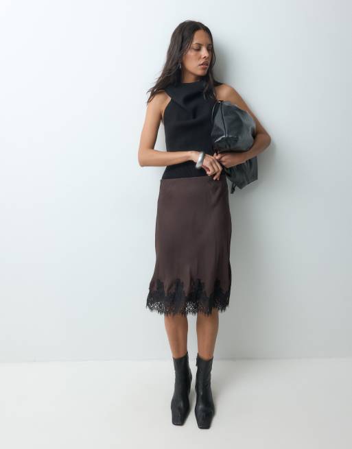 GAP midi skirt with lace hem in dark chocolate, 5 of 5