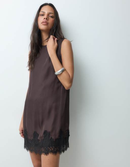 GAP mini dress with lace hem detail in chocolate, 4 of 5