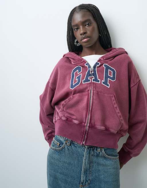 GAP oversized full zip chest logo hoodie in burgundy, 3 of 4