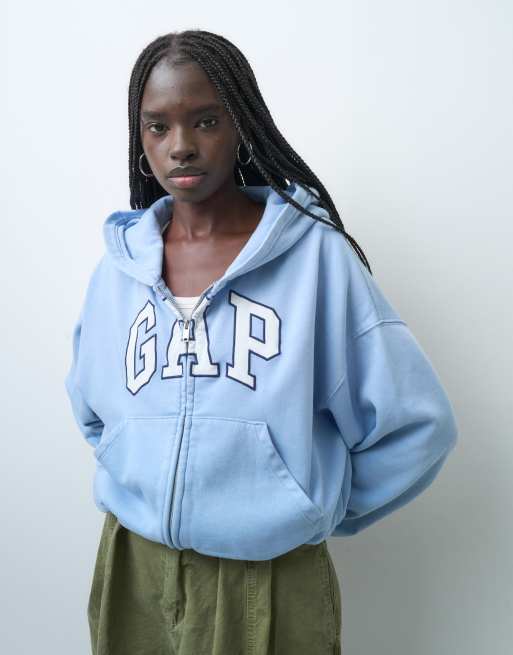 GAP oversized full zip chest logo hoodie in sky blue, 3 of 4