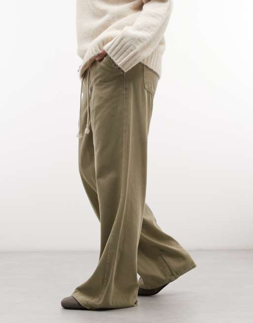GAP pull on wide leg seamed trousers in khaki, 2 of 5