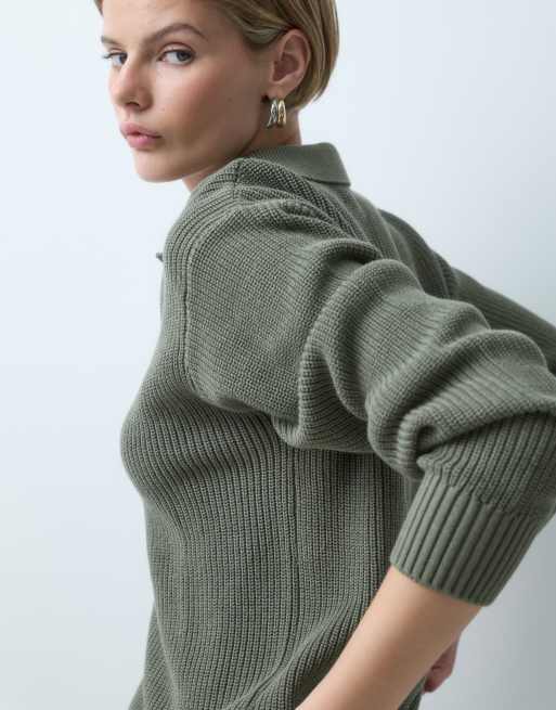 GAP Rib textured knitted polo in khaki green, 2 of 5