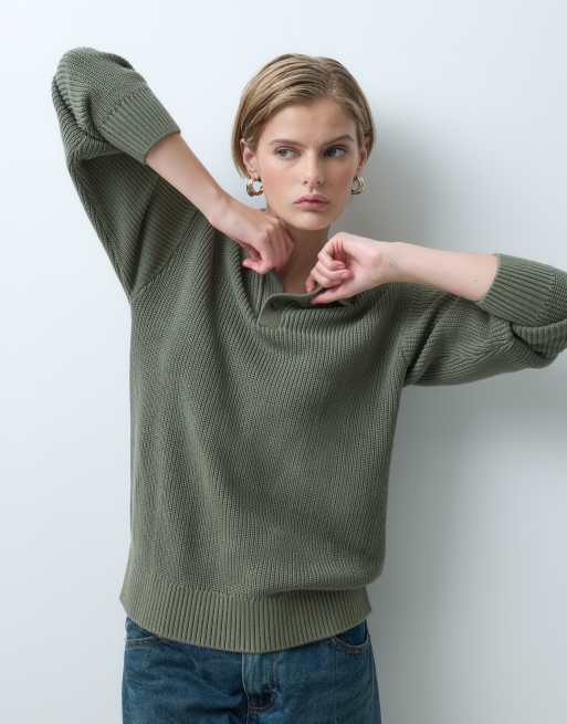 GAP Rib textured knitted polo in khaki green, 3 of 5