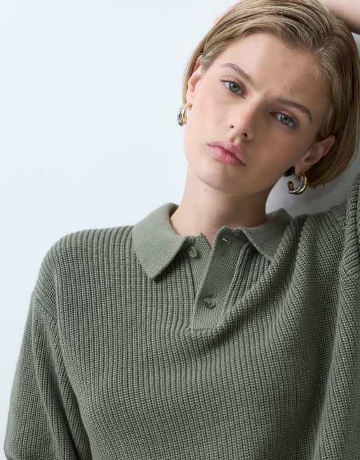GAP Rib textured knitted polo in khaki green, 4 of 5