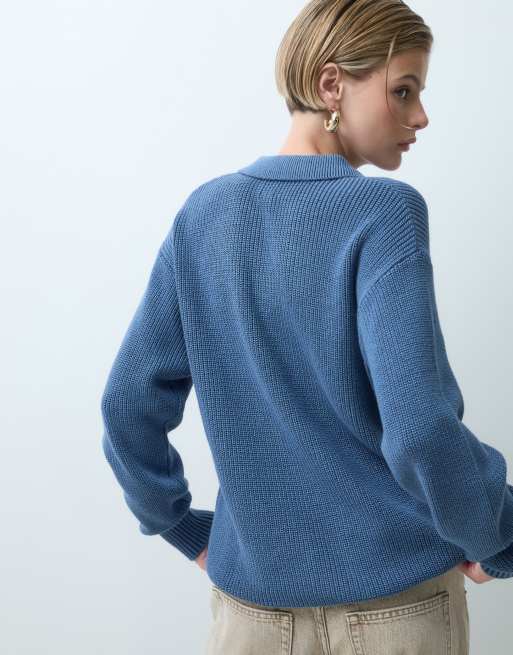 GAP Rib textured knitted polo in mid blue, 2 of 5
