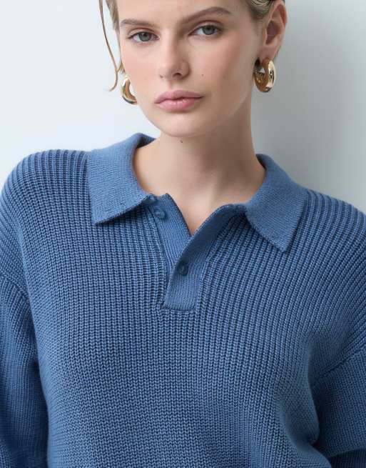 GAP Rib textured knitted polo in mid blue, 4 of 5