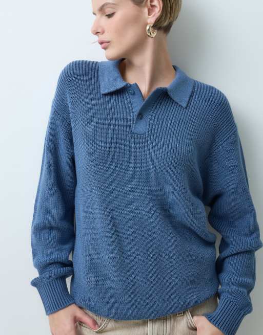 GAP Rib textured knitted polo in mid blue, 5 of 5