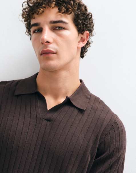 GAP Ribbed johnny collar knitted polo in brown - view 1