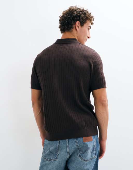 GAP Ribbed johnny collar knitted polo in brown, 5 of 5
