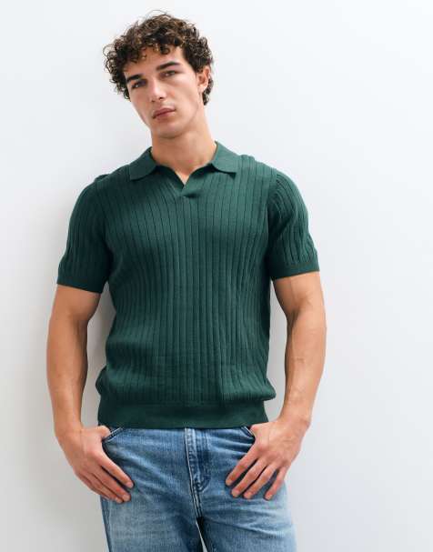 GAP ribbed johnny collar knitted polo in dark green - view 1