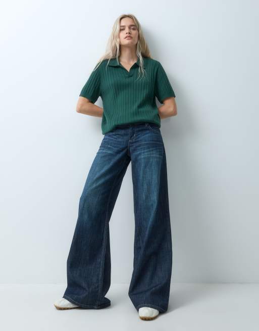 GAP ribbed johnny collar knitted polo in dark green, 2 of 4
